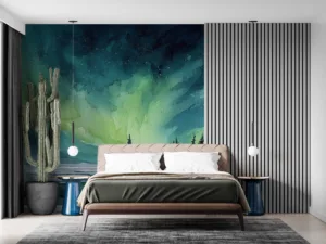 Serene winter cabin under northern lights in a tranquil landscape.||