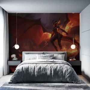 Shyvana in dragon form amidst volcanic chaos in League of Legends art||