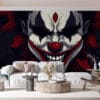 Sinister clown illustration with red accents on a dark background.