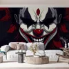 Sinister clown illustration with red accents on a dark background.||