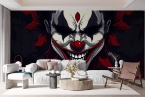 Sinister clown illustration with red accents on a dark background.||