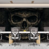 Artistic skull with vintage cap and scissors in X formation against a dark