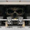 Artistic skull with vintage cap and scissors in X formation against a dark|textured background.|
