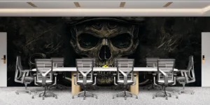 Artistic skull with vintage cap and scissors in X formation against a dark|textured background.|