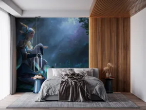 Soraka from League of Legends in a magical forest with animals||