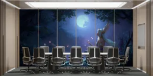 Soraka meditating in an enchanted forest with woodland creatures||