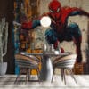Spider-Man mid-swing in a vibrant abstract cityscape