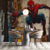 Spider-Man mid-swing in a vibrant abstract cityscape||