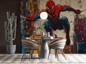 Spider-Man mid-swing in a vibrant abstract cityscape