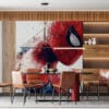 Stylized Spider-Man character in a red and blue costume|highlighting his iconic web pattern.|