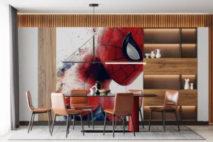 Stylized Spider-Man character in a red and blue costume|highlighting his iconic web pattern.|