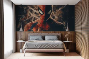 Stylized superhero with red and blue suit against a dark background||