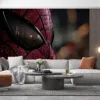 Close-up of Spider-Man's mask with raindrops and urban lights in the background.