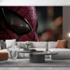 Close-up of Spider-Man's mask with raindrops and urban lights in the background.||