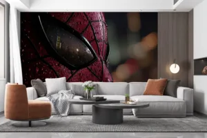 Close-up of Spider-Man's mask with raindrops and urban lights in the background.||