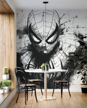 Graffiti-style Spider-Man inspired superhero illustration in black and white||