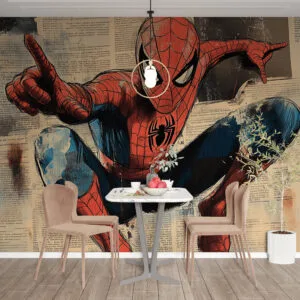 Stylized illustration of a superhero in action with a newspaper collage background.