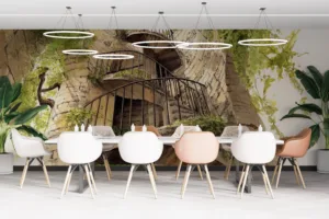 Spiral staircase surrounded by greenery in a natural setting||