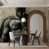 Stylized depiction of Batman in a muscular black suit with bat symbol|set against a textured urban background.|