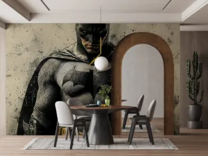 Stylized depiction of Batman in a muscular black suit with bat symbol|set against a textured urban background.|