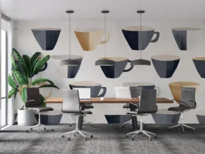 Stylized pattern of coffee mugs in various shapes and colors.