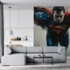 Dynamic portrayal of Superman flying towards the viewer|showcasing his strength and iconic costume.|