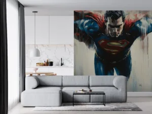 Dynamic portrayal of Superman flying towards the viewer|showcasing his strength and iconic costume.|