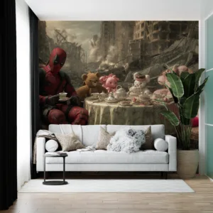 Surreal tea party with anti-hero and teddy bears in a desolate landscape.||