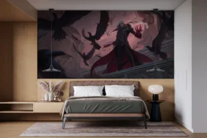 Swain from League of Legends commanding with crows in a dark architectural space.||