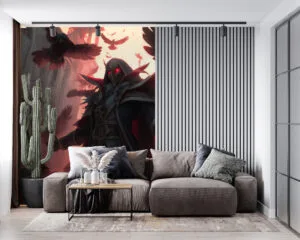 Swain from League of Legends surrounded by crows in a dark urban setting
