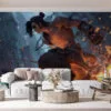 Sylas breaking free from chains in a dynamic urban setting with flames and a moody backdrop.