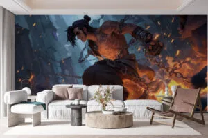 Sylas breaking free from chains in a dynamic urban setting with flames and a moody backdrop.
