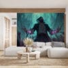 Sylas from League of Legends in a mystical urban setting with magical shackles.