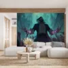 Sylas from League of Legends in a mystical urban setting with magical shackles.||