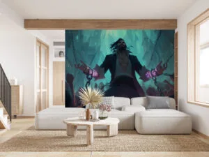Sylas from League of Legends in a mystical urban setting with magical shackles.