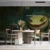 Vibrant swamp scene featuring Tahm Kench and a human character in casual attire.||