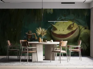 Vibrant swamp scene featuring Tahm Kench and a human character in casual attire.||