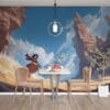 Taliyah surfing on a sandy wave in a canyon landscape from League of Legends.