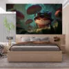 Teemo from League of Legends in a vibrant forest with oversized red mushrooms.