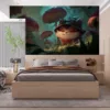 Teemo from League of Legends in a vibrant forest with oversized red mushrooms.||