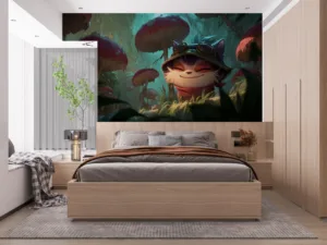 Teemo from League of Legends in a vibrant forest with oversized red mushrooms.||