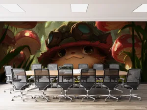 Teemo from League of Legends amidst vibrant mushrooms in a lush forest.||