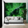Dynamic figure breaking through a green crystalline wall