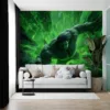 Dynamic figure breaking through a green crystalline wall|showcasing strength and fury.|