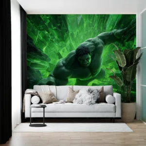 Dynamic figure breaking through a green crystalline wall