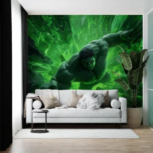 Dynamic figure breaking through a green crystalline wall|showcasing strength and fury.|