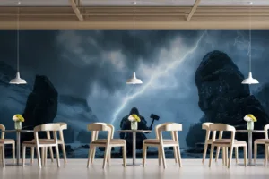 A powerful warrior resembling Thor kneels in a misty landscape|holding a hammer|with lightning striking in the background.
