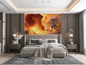 Young girl with pink hair summoning a fiery bear in a classroom setting.||