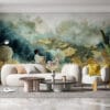 A serene landscape mural featuring a person painting in front of an easel.