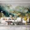 A serene landscape mural featuring a person painting in front of an easel.||